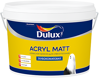 краска Dulux Acryl Matt глубокомат. для стен и потолков база BW 9 л PROMO